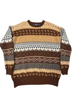 Aelfric Eden Men’s Brown, Tan & Gray Fair Isle Vintage Style Crewneck Sweater L